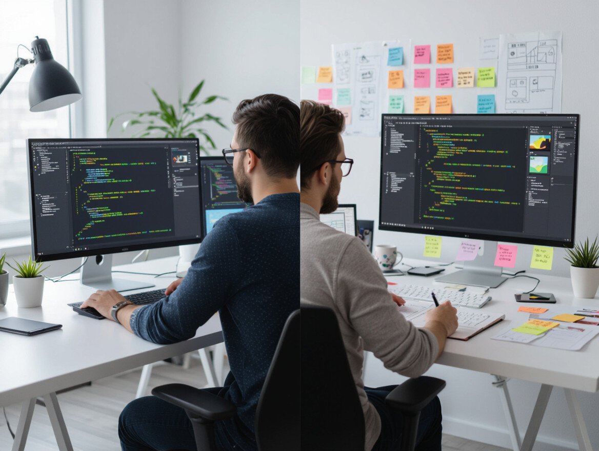 Zwei Designer an ihren Schreibtischen, einer programmiert, der andere skizziert Ideen.