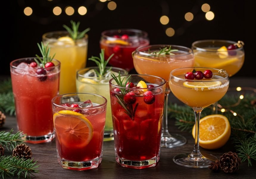 Bunte Weihnachtscocktails in verschiedenen Gläsern mit Früchten und Kräutern dekoriert.