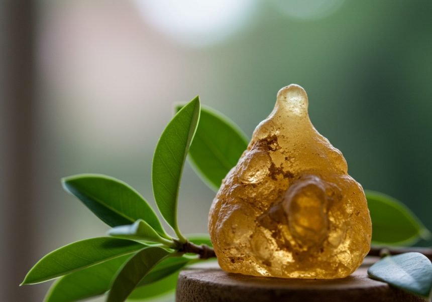 Ein Stück Weihrauchharz auf einem Holzuntergrund mit grünen Blättern.
