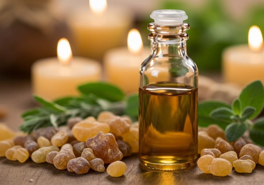 Eine Flasche Weihrauchöl umgeben von Harzstücken und Kerzenlicht.