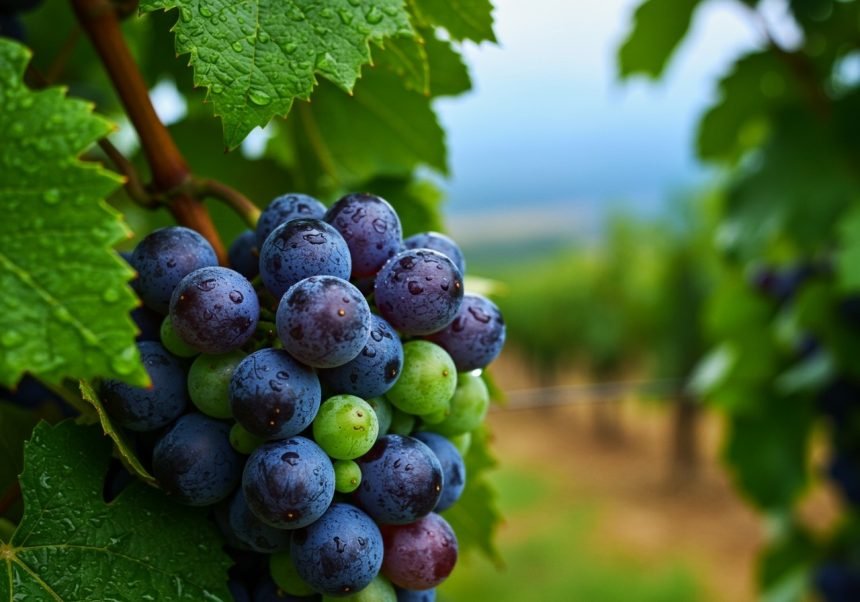 Saftige Trauben mit Wassertröpfchen, umgeben von grünen Blättern im Weinberg.