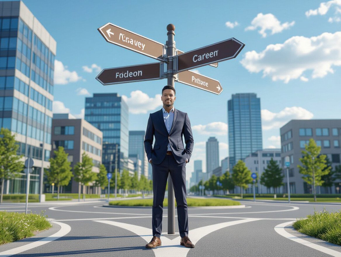 Ein Mann in Anzug steht an einer Weggabelung mit Schildern zu verschiedenen Karrierewegen.