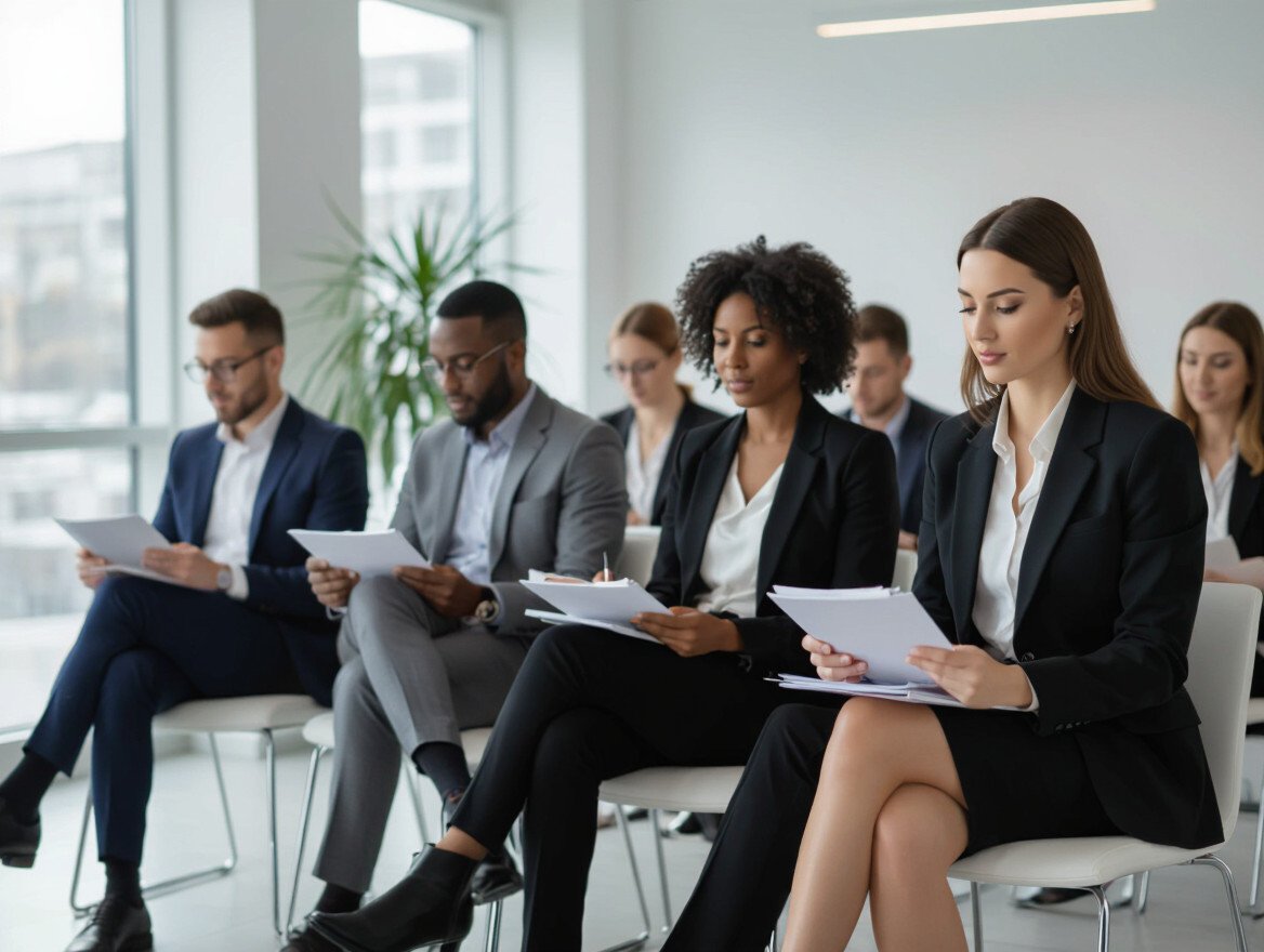 Eine Gruppe von Bewerbern in Anzügen, die sich auf ein Vorstellungsgespräch vorbereiten.