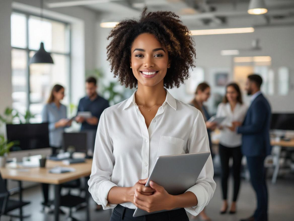 Eine junge Frau in einem modernen Büro lächelt und hält ein Tablet in der Hand.