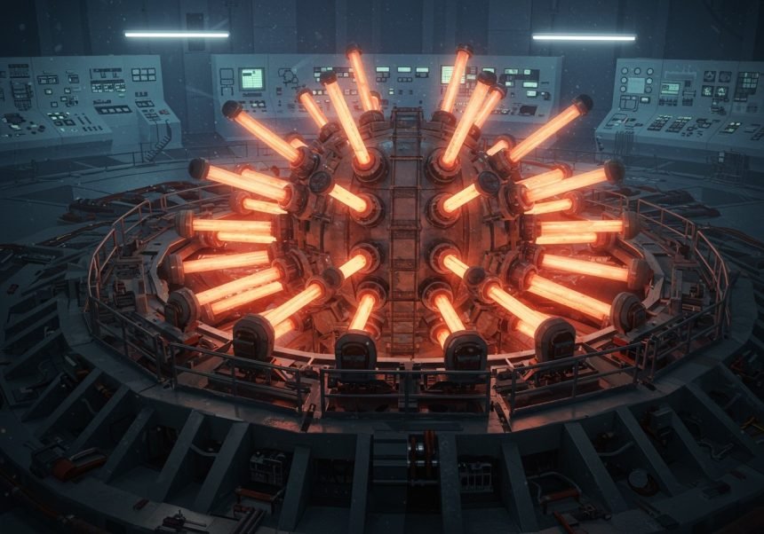 Ein Atomreaktor mit leuchtenden Brennstäben in einem Kontrollraum.