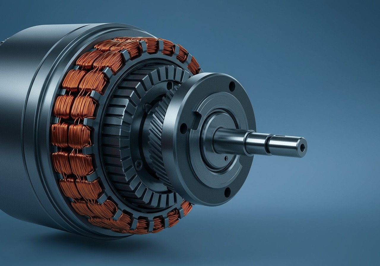 Nahaufnahme eines Elektromotors mit Kupferwicklungen und Welle.