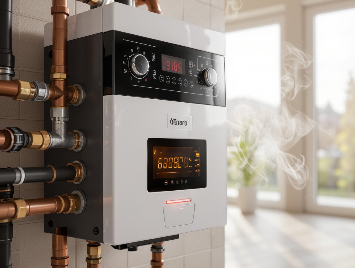 Moderne Gastherme mit digitalen Anzeigen und Rohren für Heizung und Warmwasser.