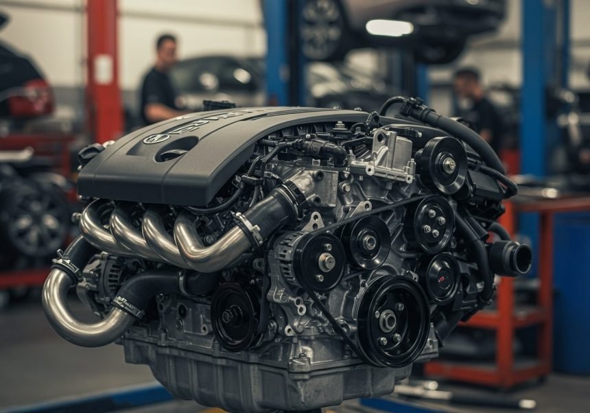 Ein moderner Auto-Motor mit sichtbaren Komponenten in einer Werkstatt.