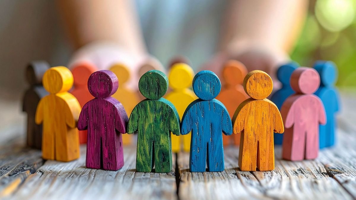 Bunte Holzfiguren stehen auf einem Tisch und symbolisieren Gemeinschaft und Vielfalt.