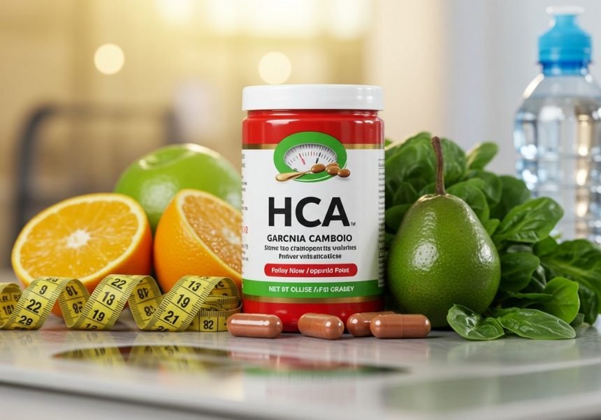 HCA-Kapseln, frisches Obst und Gemüse auf einem Tisch für gesundes Abnehmen.