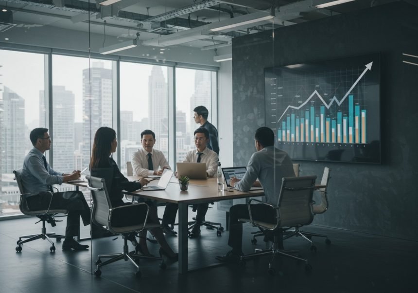 Eine Gruppe von Geschäftsleuten diskutiert Strategien in einem modernen Büro mit Grafiken auf dem Bildschirm.