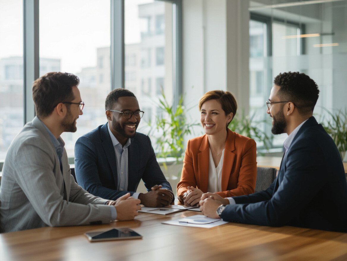 Vier Personen in einem modernen Büro diskutieren und lächeln miteinander.