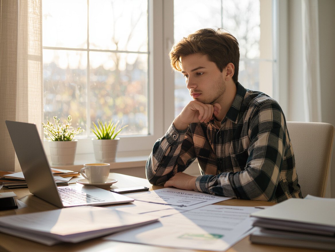 Ein junger Mann sitzt nachdenklich vor einem Laptop und Bewerbungsunterlagen.