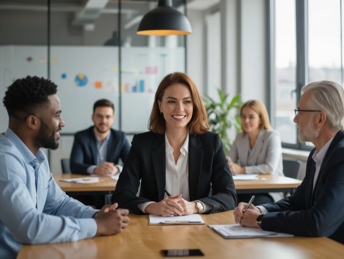 Eine Gruppe von Fachleuten in einem modernen Büro bei einer Besprechung.