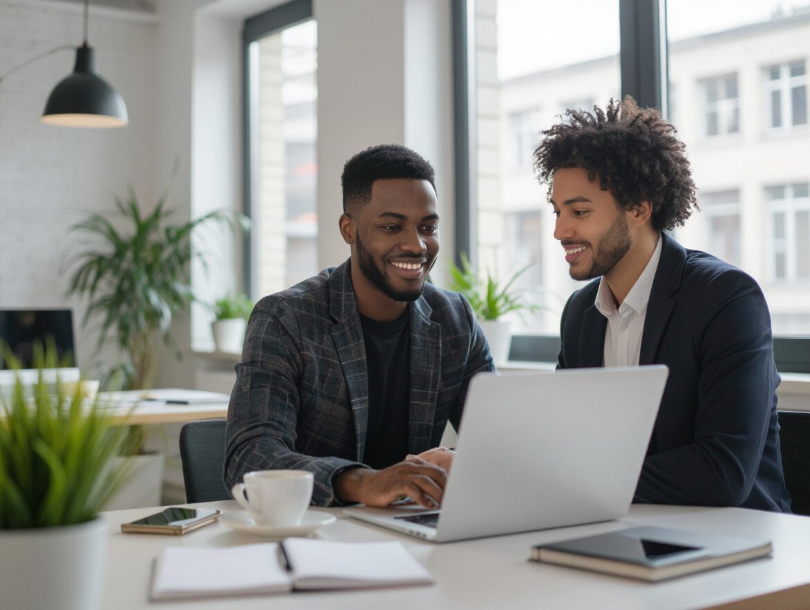 Zwei Männer arbeiten zusammen an einem Laptop in einem modernen Büro.