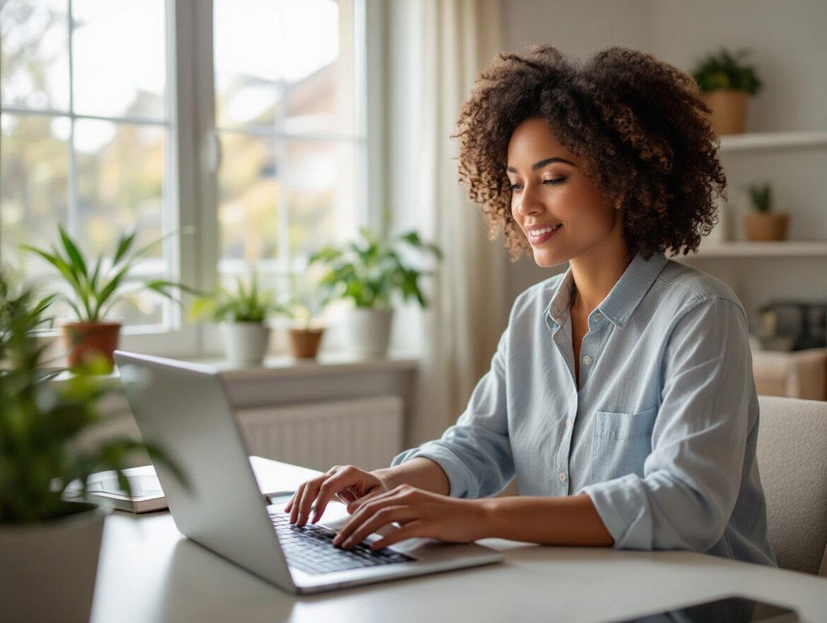 Eine Frau arbeitet lächelnd an ihrem Laptop in einem hellen, grünen Raum.