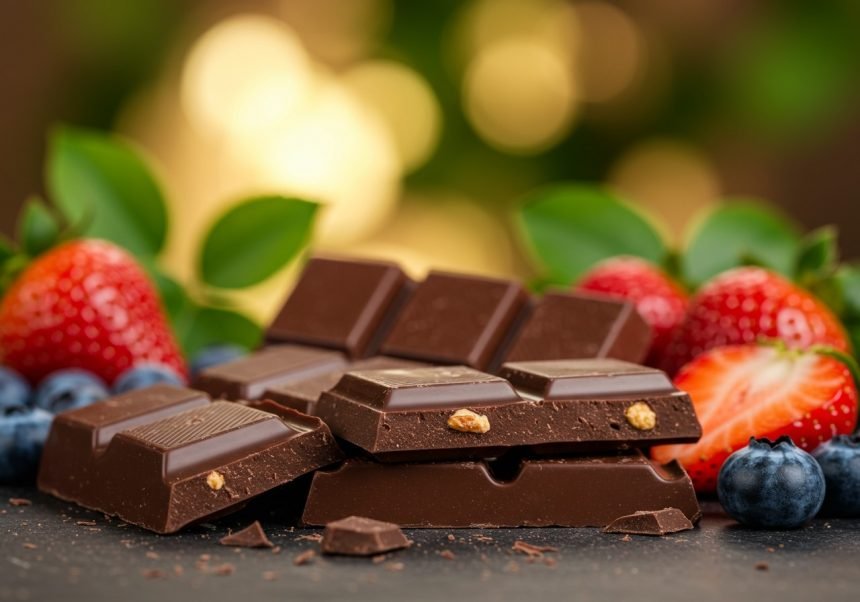 Dunkle Schokolade mit frischen Erdbeeren und Heidelbeeren auf einem Tisch.