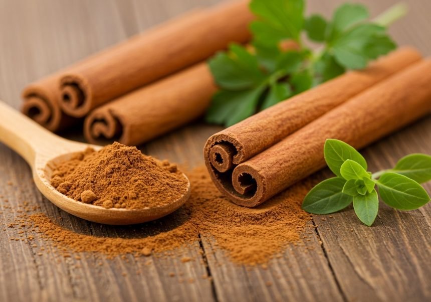 Zimtstangen und Zimtpulver auf einem Holzlöffel, umgeben von frischen Kräutern.