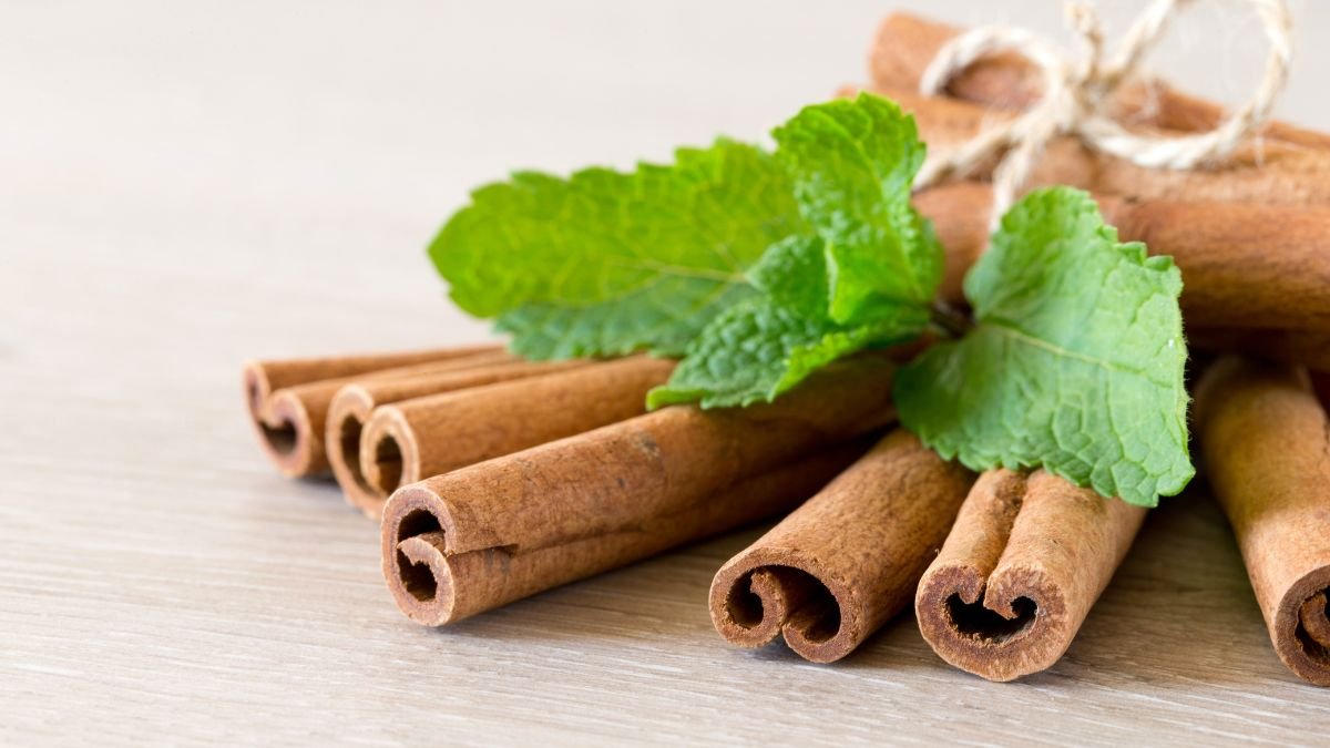 Eine Gruppe von Zimtstangen mit frischen Minzblättern auf einem Holzuntergrund.