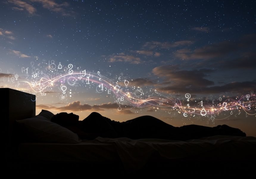 Eine schlafende Person im Bett unter einem sternenklaren Himmel mit leuchtenden Symbolen.