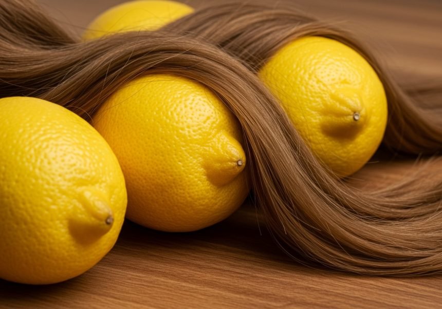 Drei frische Zitronen mit langen, glänzenden Haarsträhnen darauf.