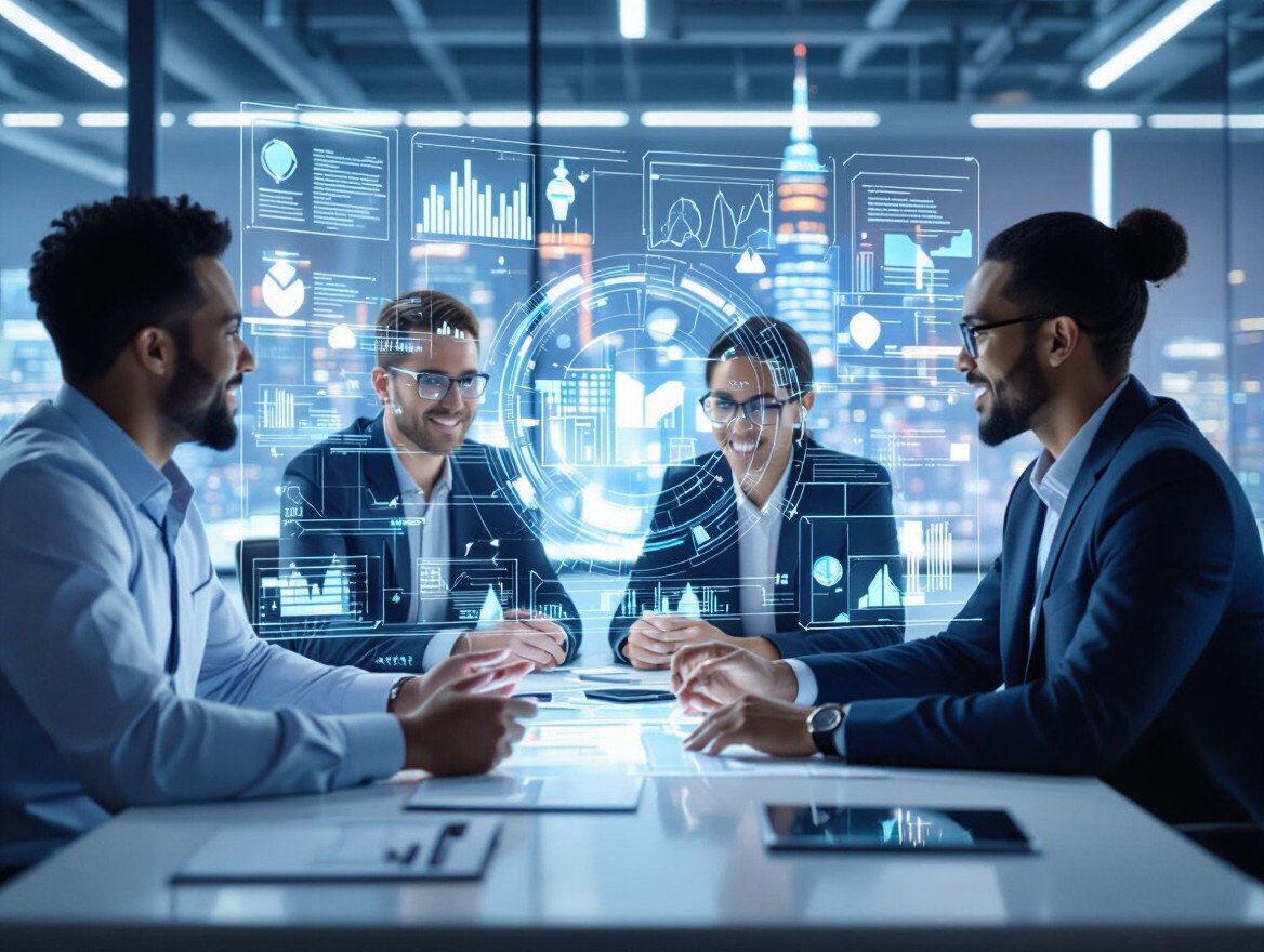 Vier Fachleute diskutieren in einem modernen Büro mit digitalen Grafiken.