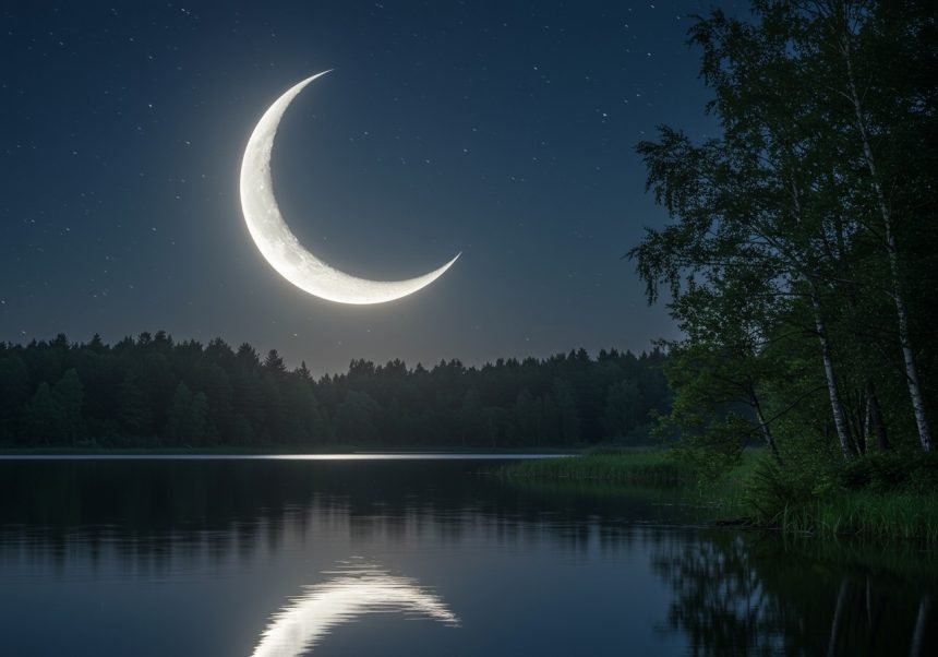 Ein zunehmender Mond spiegelt sich im ruhigen Wasser eines Sees, umgeben von Bäumen.