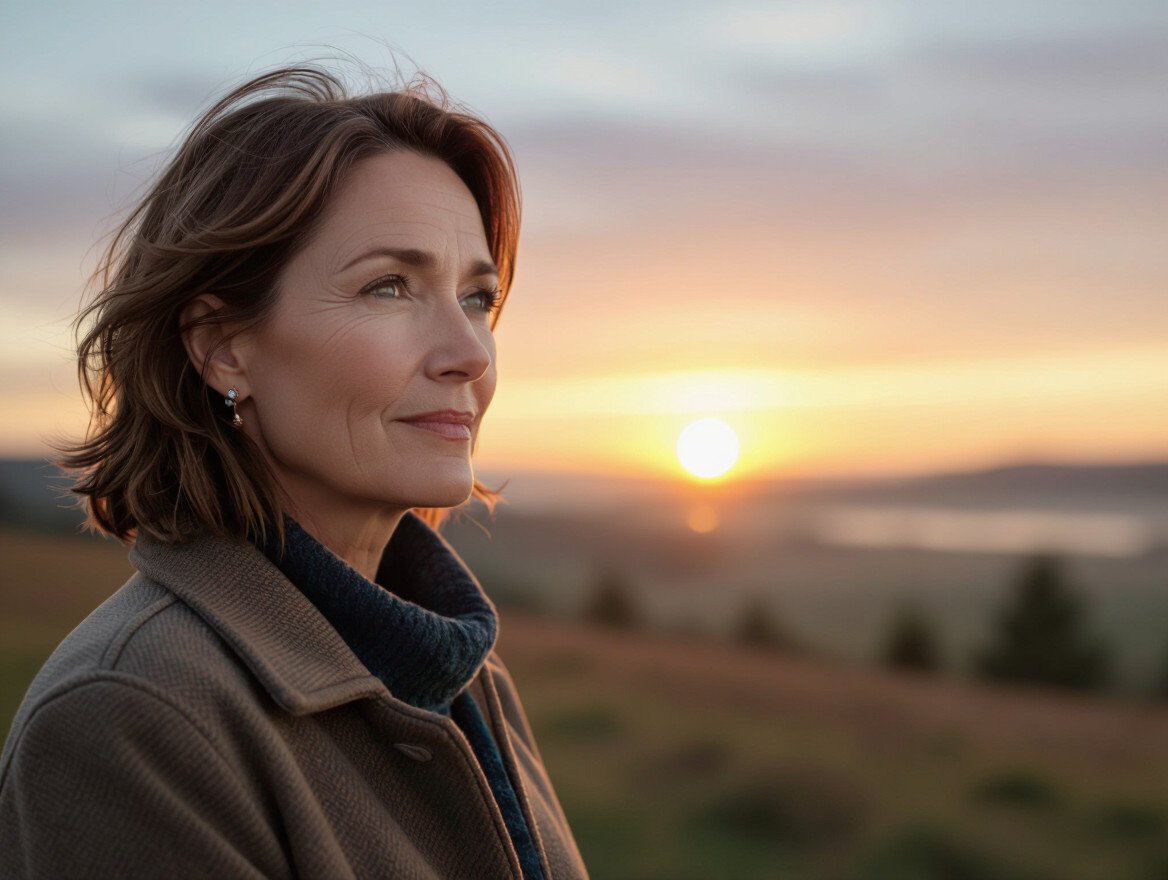 Eine nachdenkliche Frau blickt bei Sonnenuntergang in die Ferne.