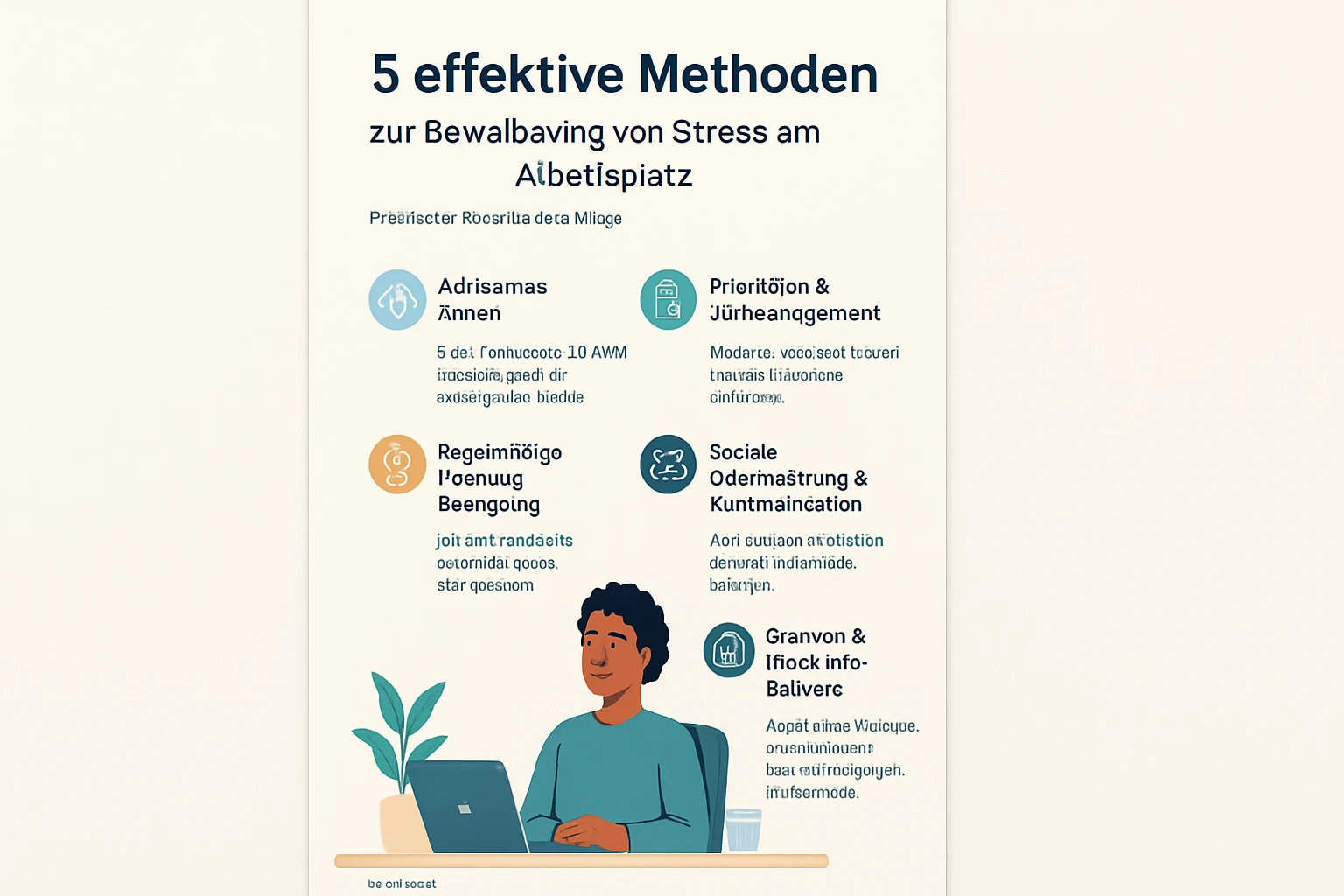 Eine Grafik mit fünf Methoden zur Stressbewältigung am Arbeitsplatz, dargestellt mit Icons und Text.