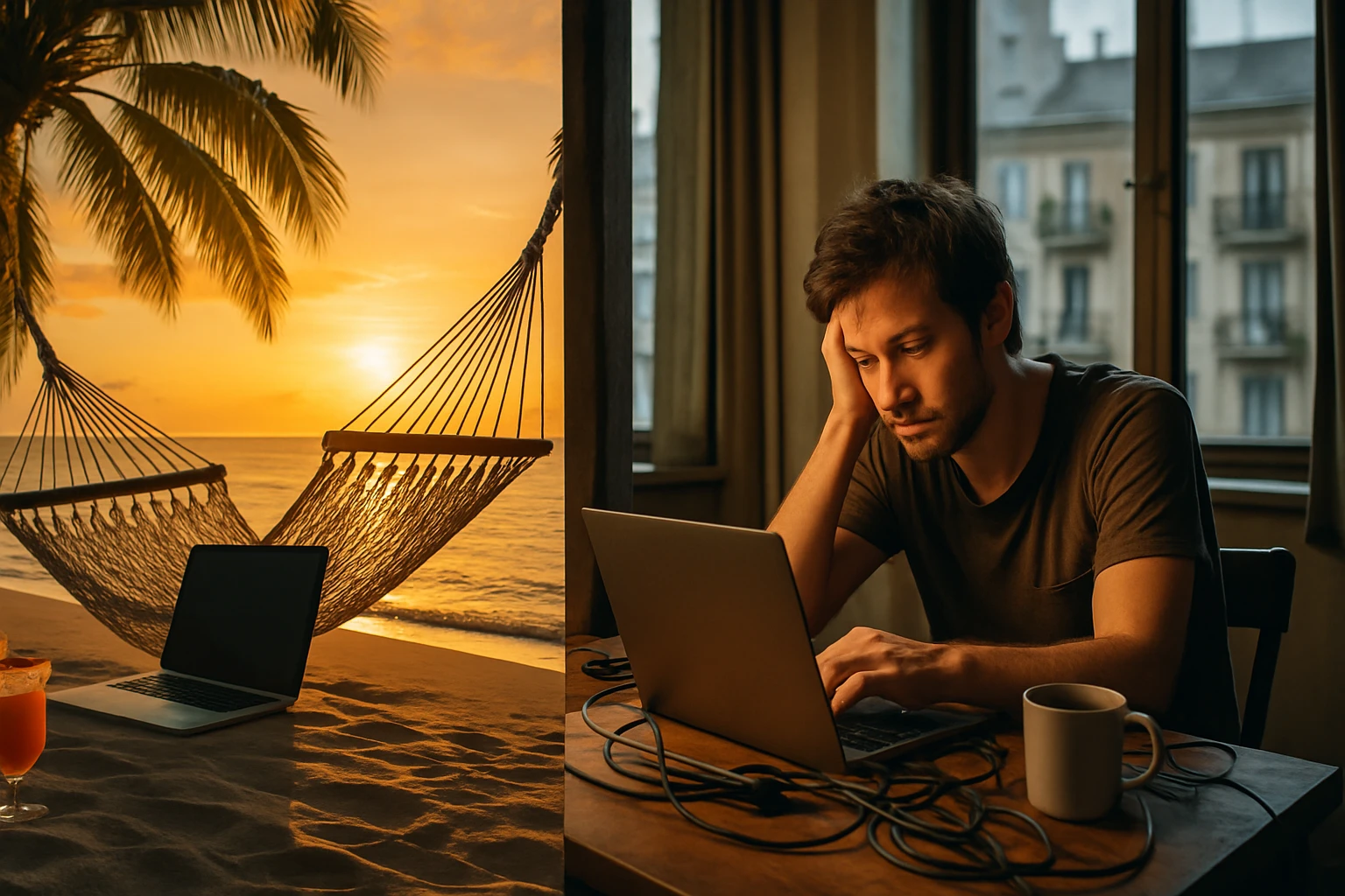 Ein Mann arbeitet frustriert am Laptop in einem Raum mit Blick auf die Stadt.