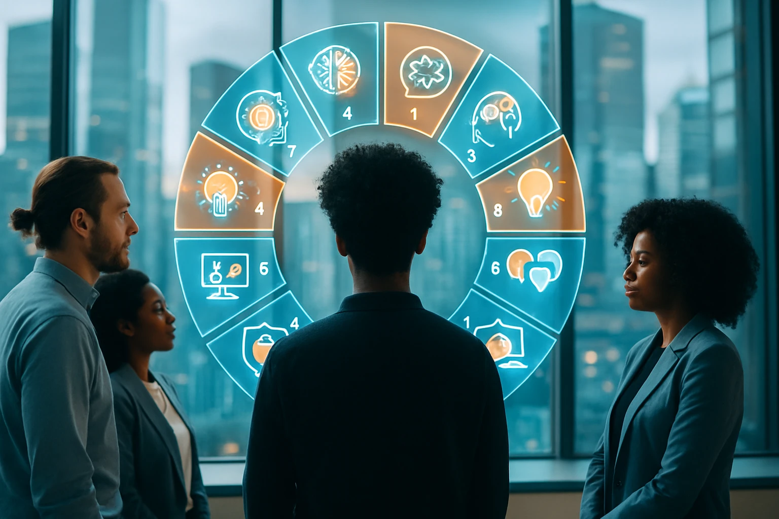 Vier Personen stehen vor einem digitalen Dashboard mit Grafiken und Symbolen.