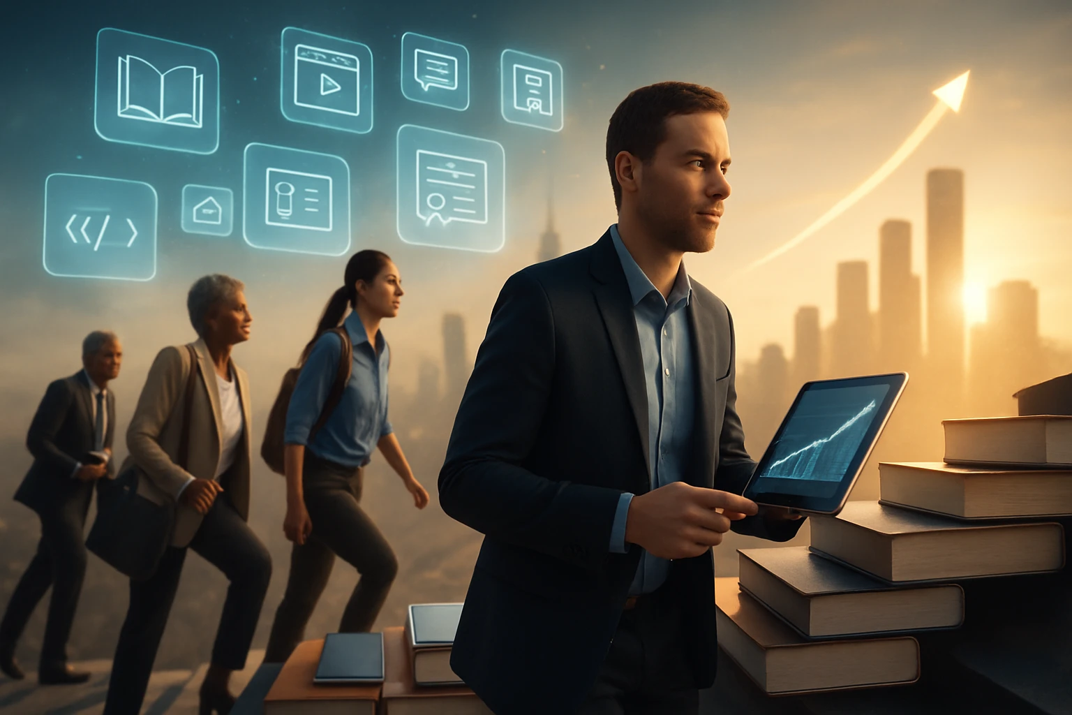 Ein Mann in Anzug hält ein Tablet mit einem Diagramm, während Menschen im Hintergrund gehen.