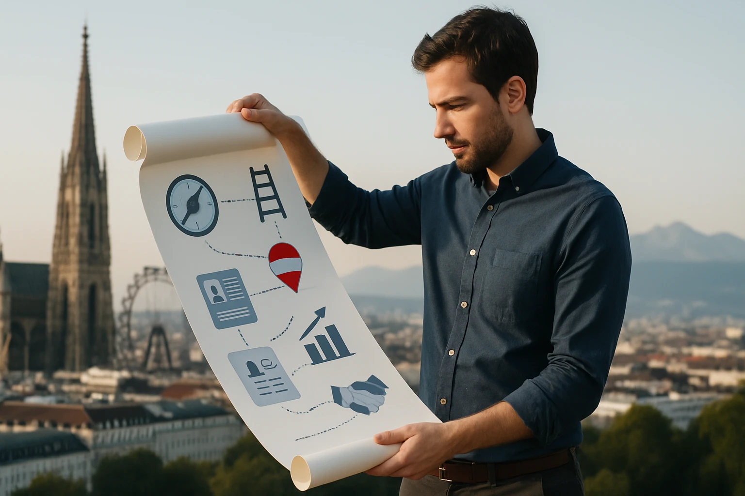 Ein Mann hält ein großes Papier mit Symbolen für Zeitmanagement und Planung in der Hand.