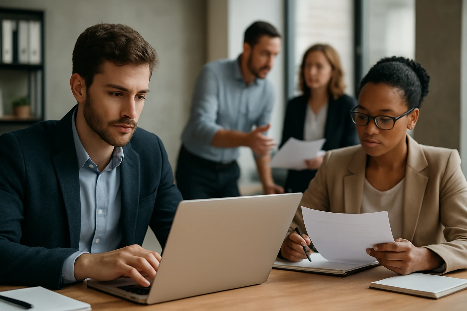Ein Mann arbeitet konzentriert am Laptop, während eine Frau Notizen macht.