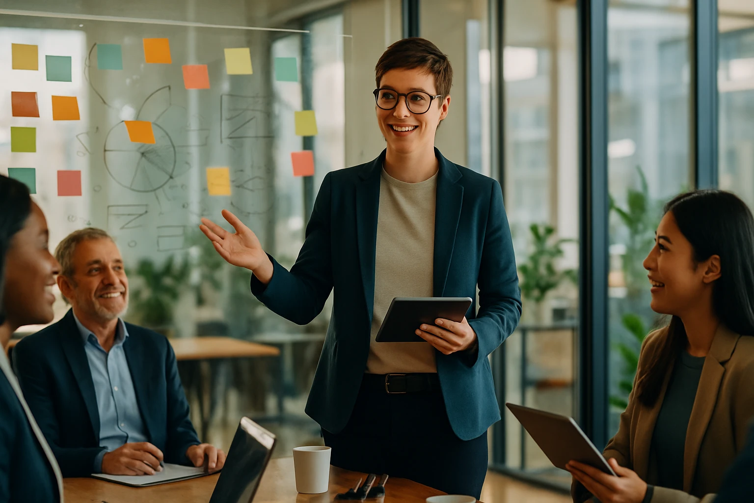 Eine lächelnde Frau präsentiert in einem modernen Konferenzraum, umgeben von Kollegen.