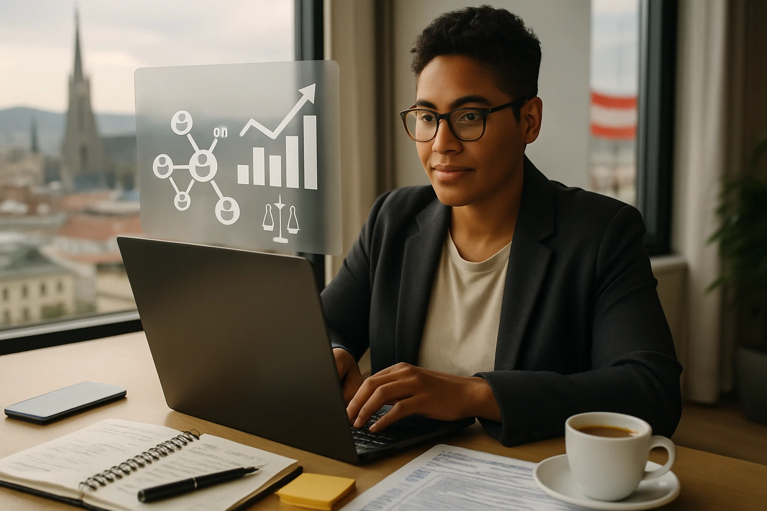 Ein junger Mann arbeitet an einem Laptop mit Diagrammen und Statistiken im Hintergrund.