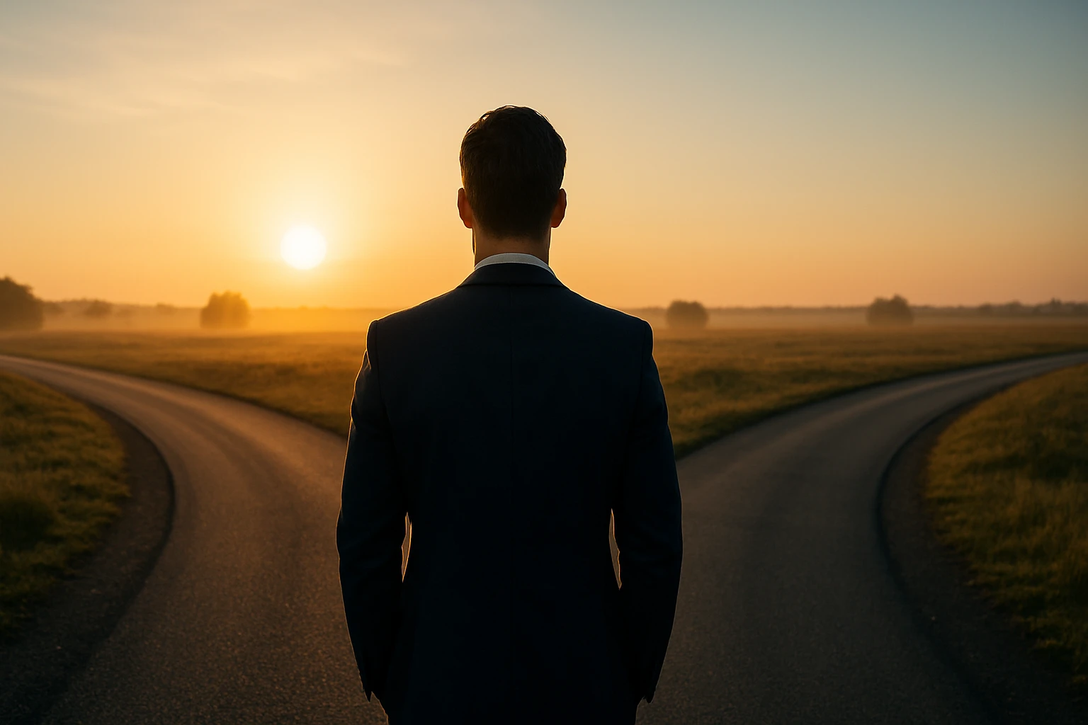 Ein Mann in Anzug steht an einer Weggabelung bei Sonnenaufgang.