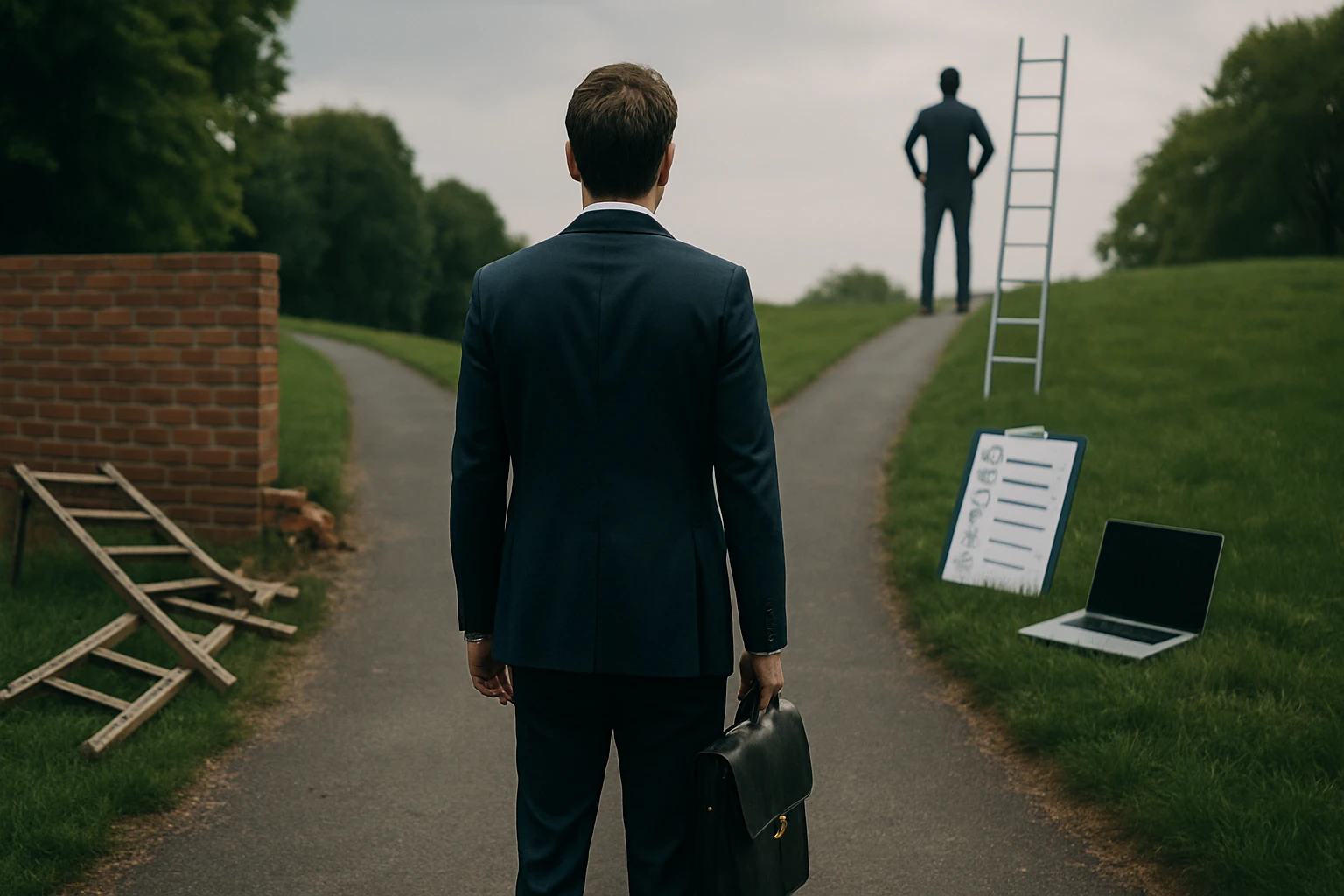 Ein Mann in Anzug steht an einer Weggabelung mit einer Aktentasche.