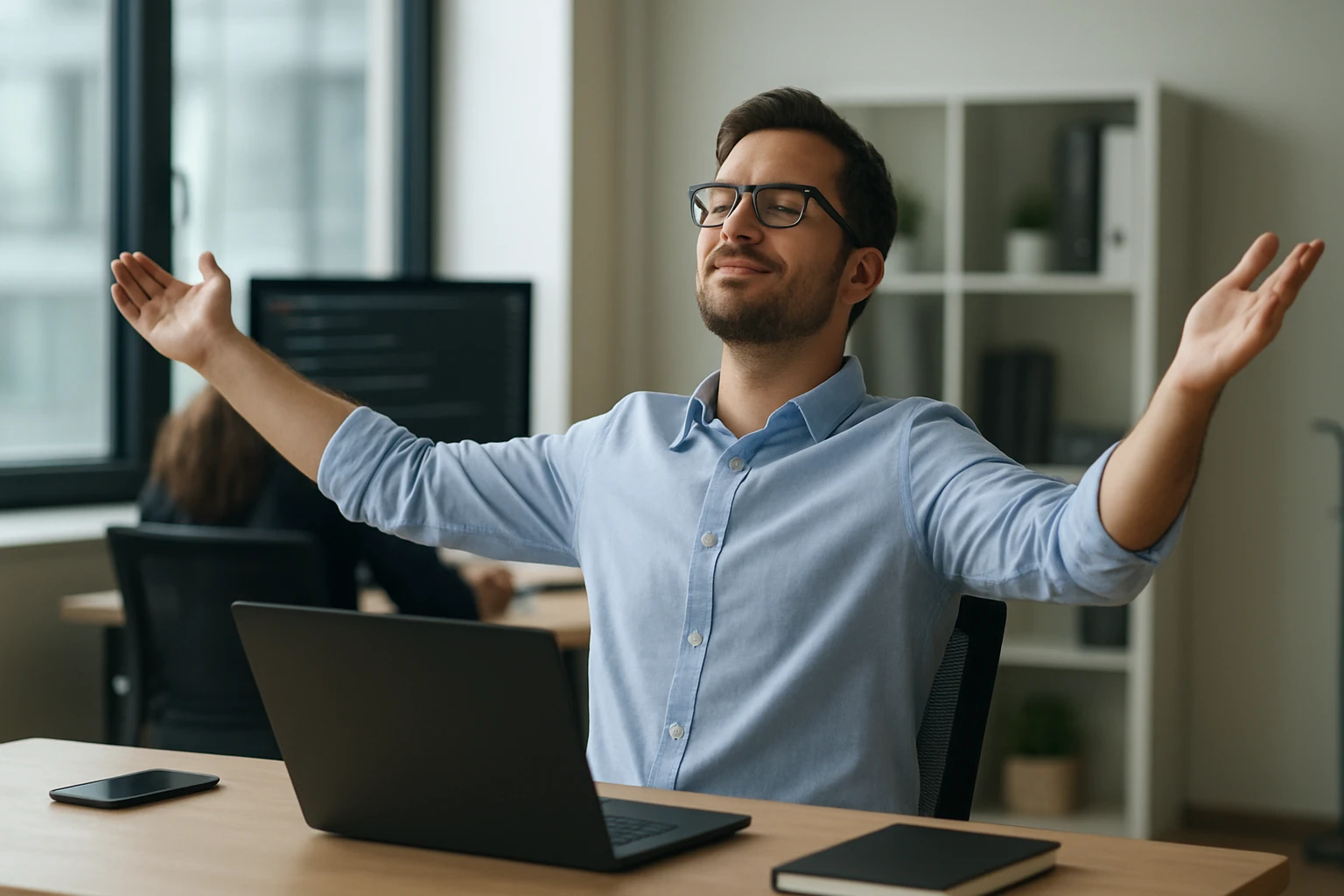 Ein Mann sitzt am Schreibtisch, lächelt und breitet die Arme aus, während er entspannt ist.