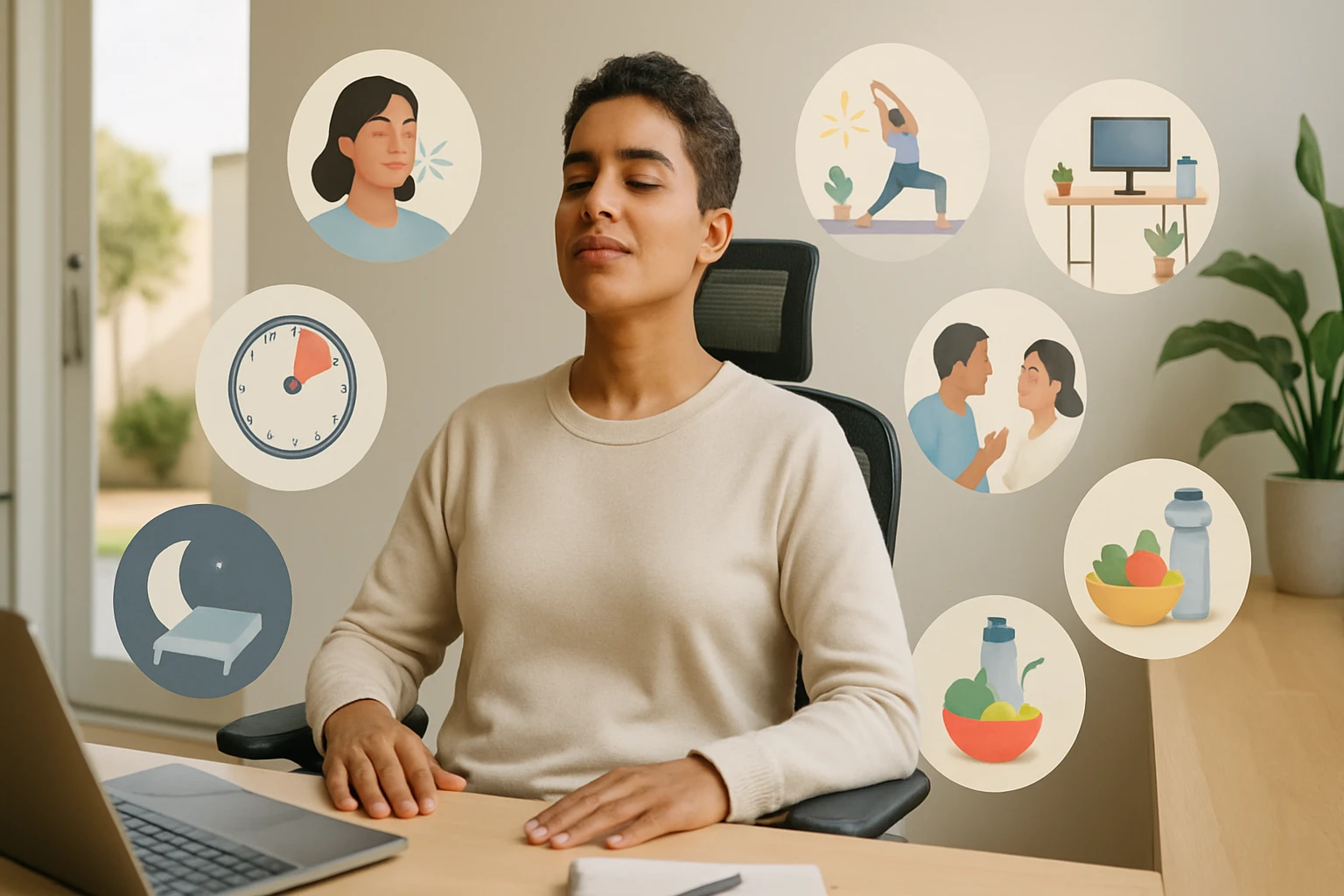 Eine Person sitzt entspannt am Schreibtisch, umgeben von Symbolen für Wellness und gesunde Gewohnheiten.