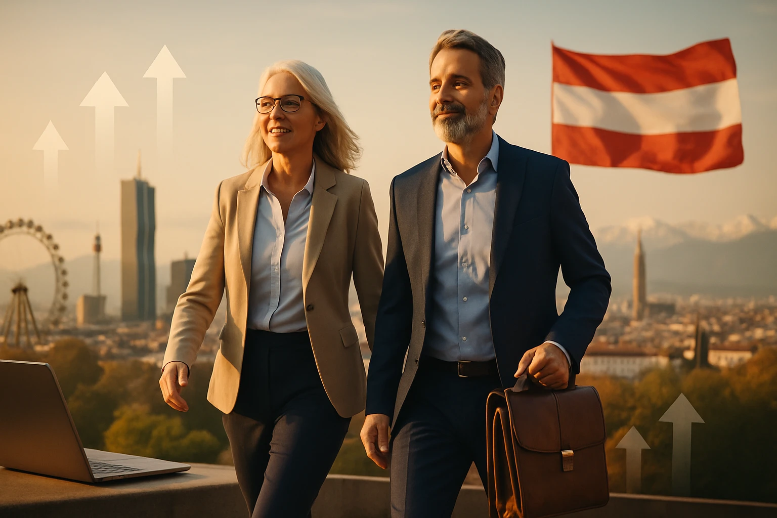 Ein Paar in Businesskleidung geht in der Stadt mit einem Laptop im Hintergrund.