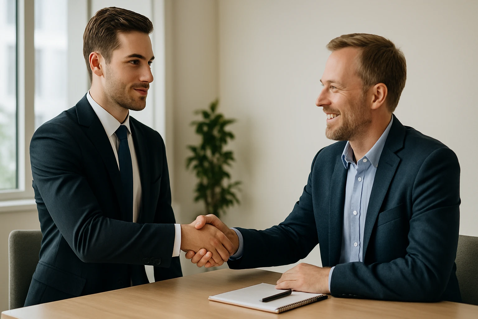 Zwei Männer in Anzügen schütteln sich die Hände in einem modernen Büro.