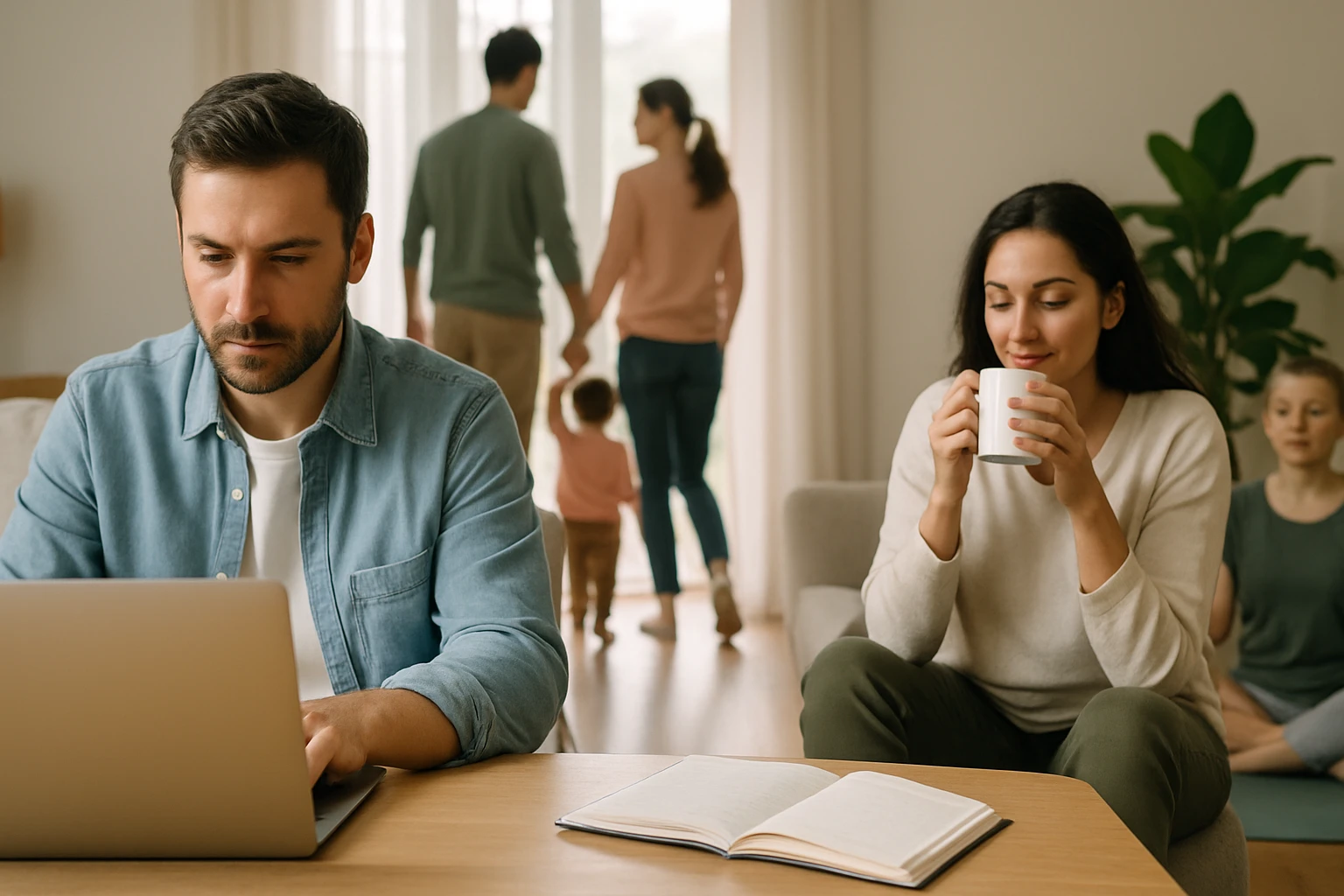 Ein Mann arbeitet am Laptop, während eine Frau mit einer Tasse Kaffee entspannt.