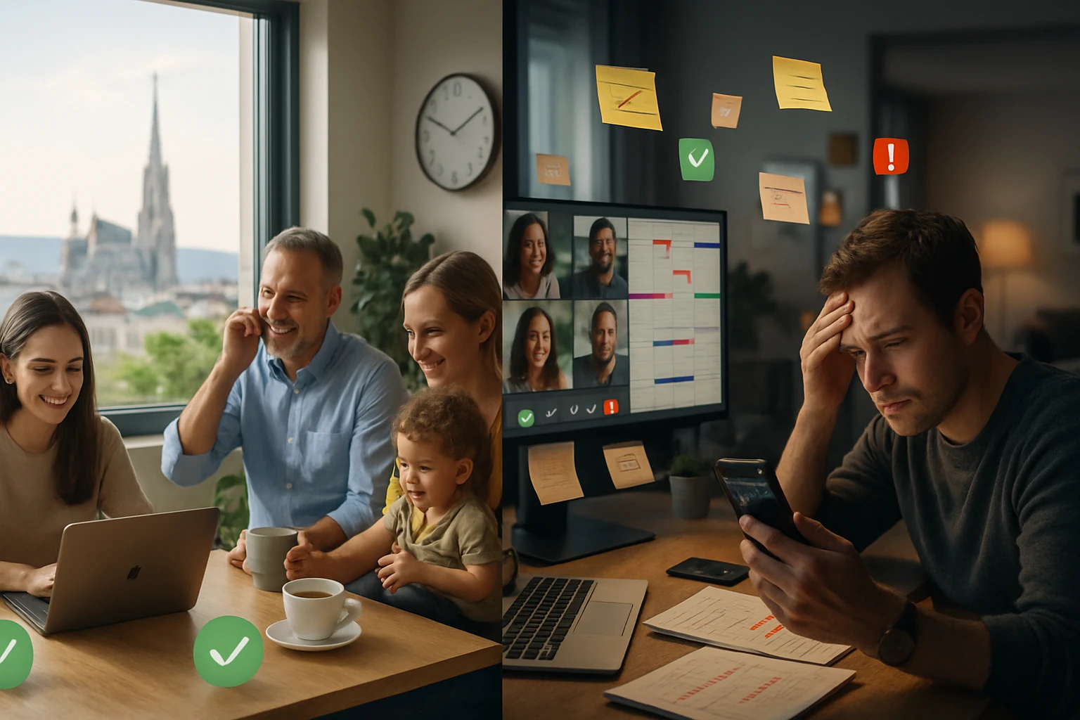 Eine Familie sitzt am Tisch, während ein Mann im Homeoffice gestresst aussieht.
