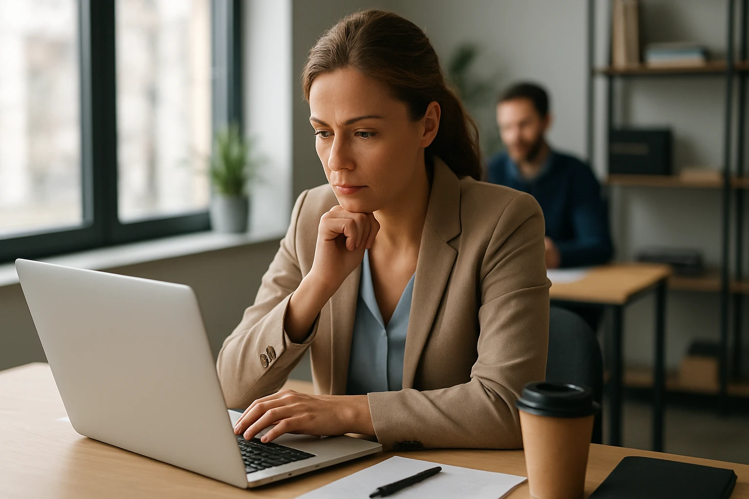 Eine nachdenkliche Frau in einem Büro, die auf einen Laptop schaut.