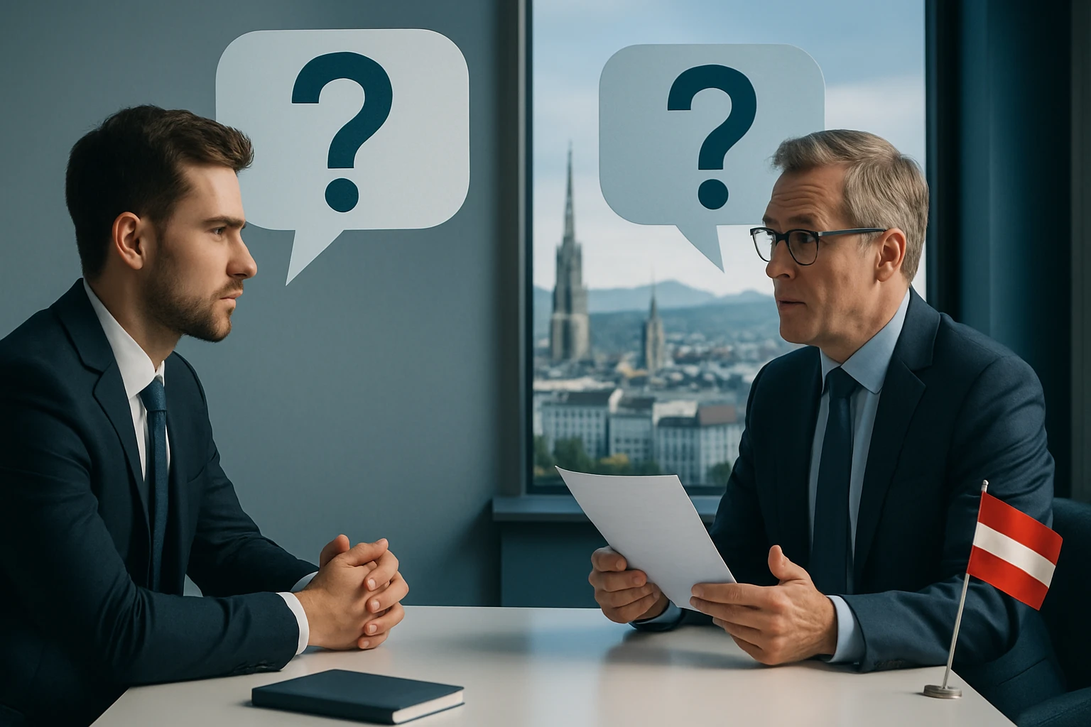Zwei Männer in Anzügen sitzen an einem Tisch, nachdenklich mit Fragezeichen über ihren Köpfen.