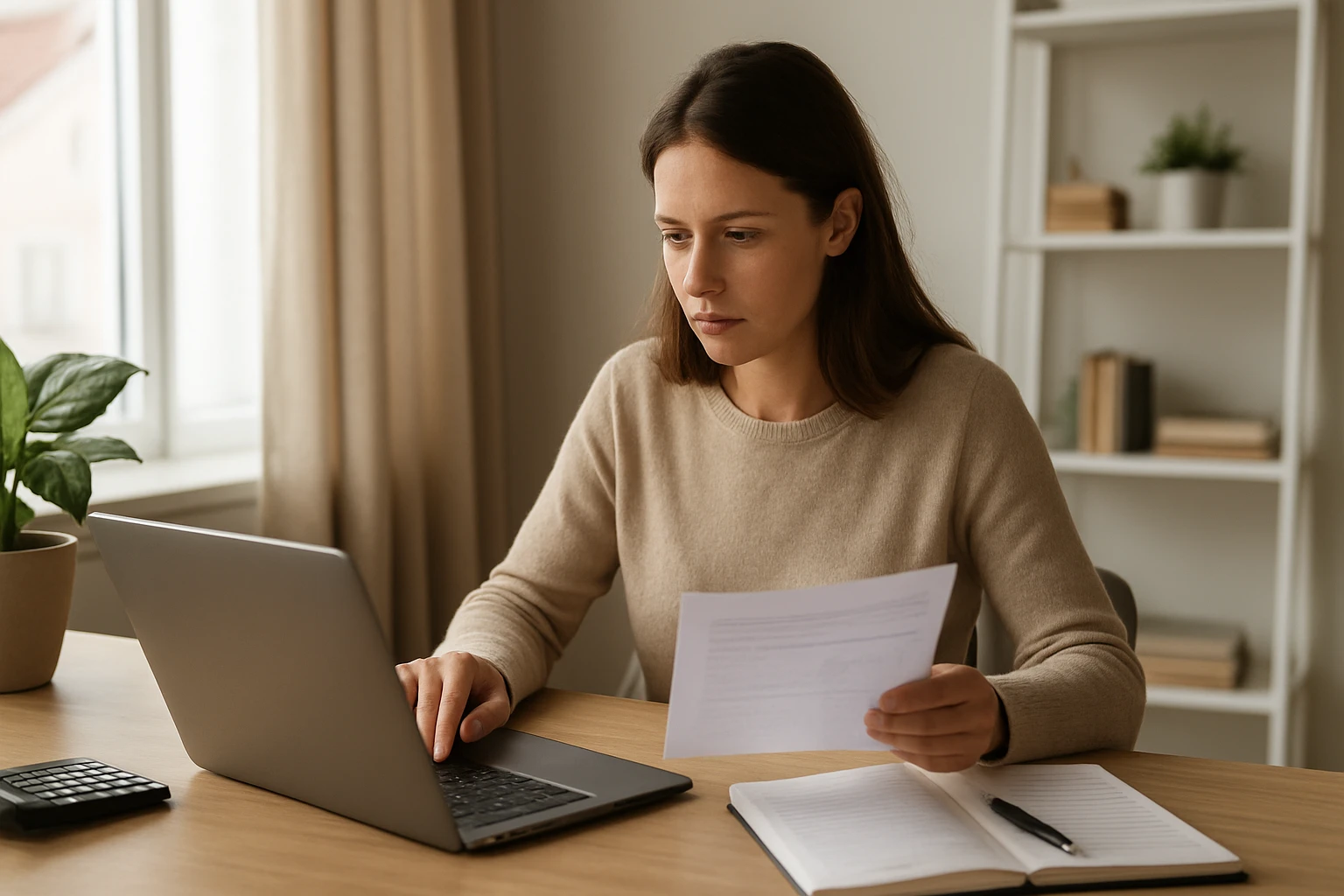 Eine Frau sitzt an einem Tisch und arbeitet am Laptop, während sie Dokumente in der Hand hält.