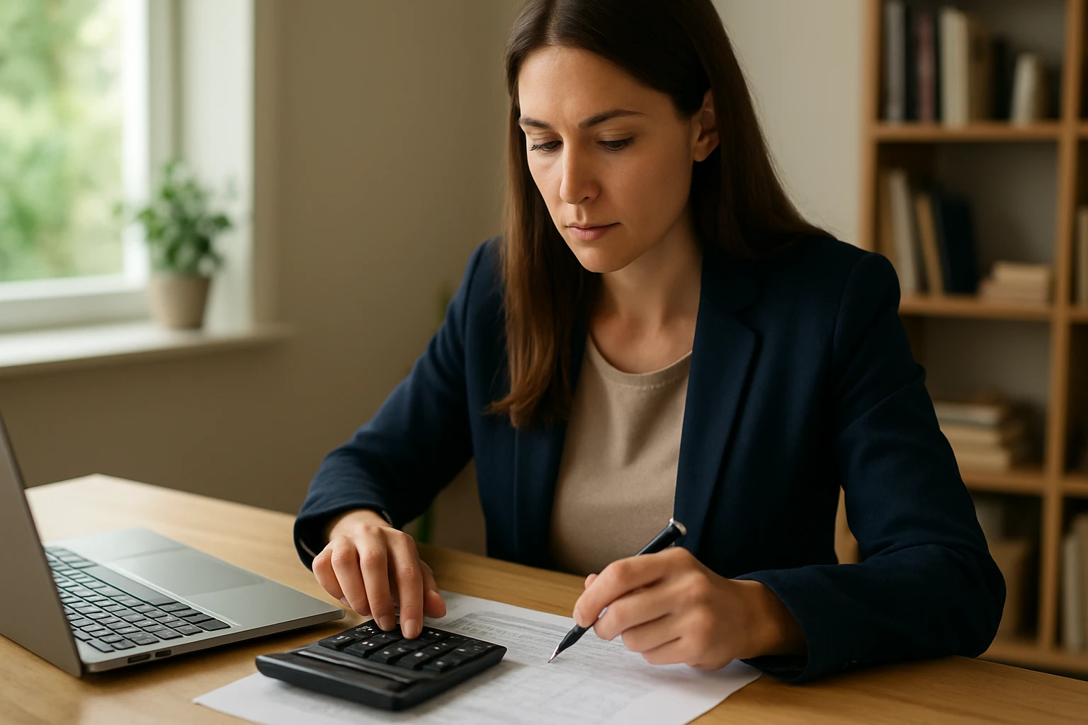Eine Frau in einem Blazer arbeitet konzentriert mit einem Taschenrechner und Notizen am Tisch.
