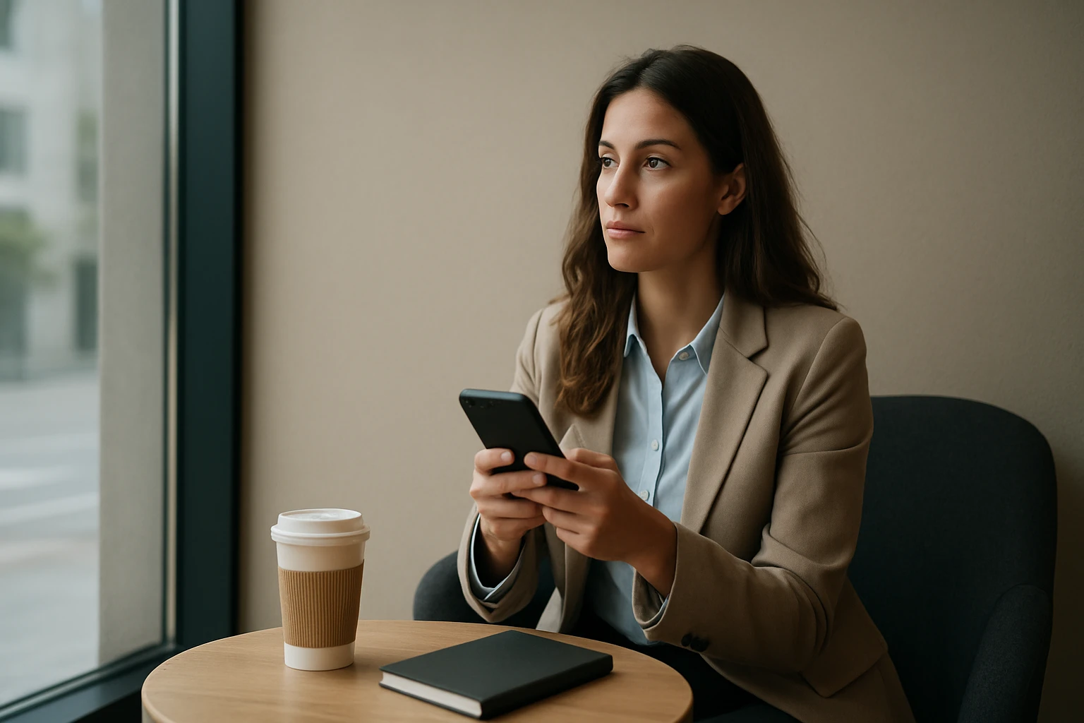 Eine Frau in einem Anzug sitzt in einem Café und schaut auf ihr Smartphone.