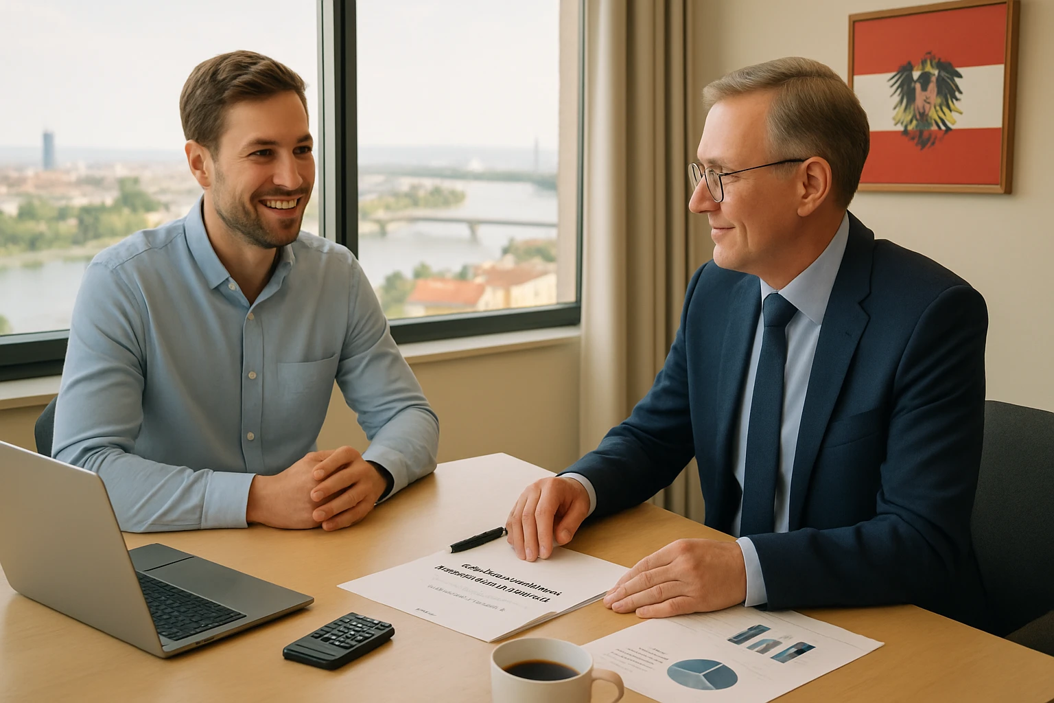 Zwei Männer in einem modernen Büro, die an einem Tisch mit Laptop und Dokumenten sitzen.